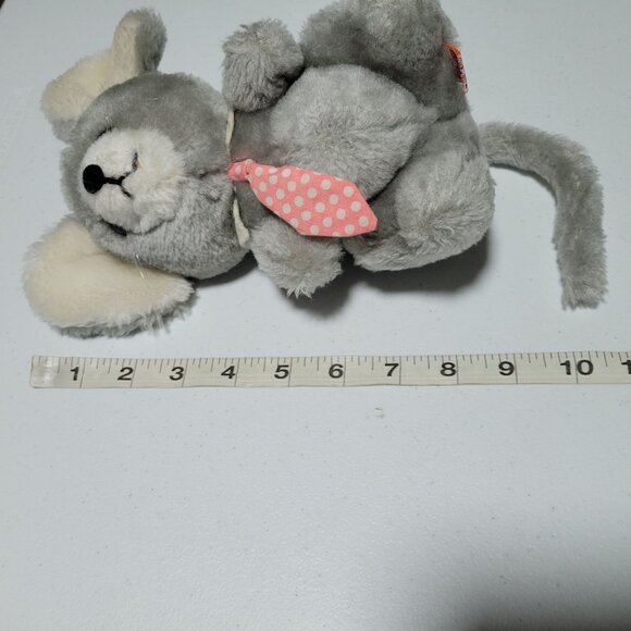 Vintage 80s Dakin Mouse Pink Polka Dot Tie 9 Inch Gray Plush Stuffed Animal Toy - Picture 5 of 5